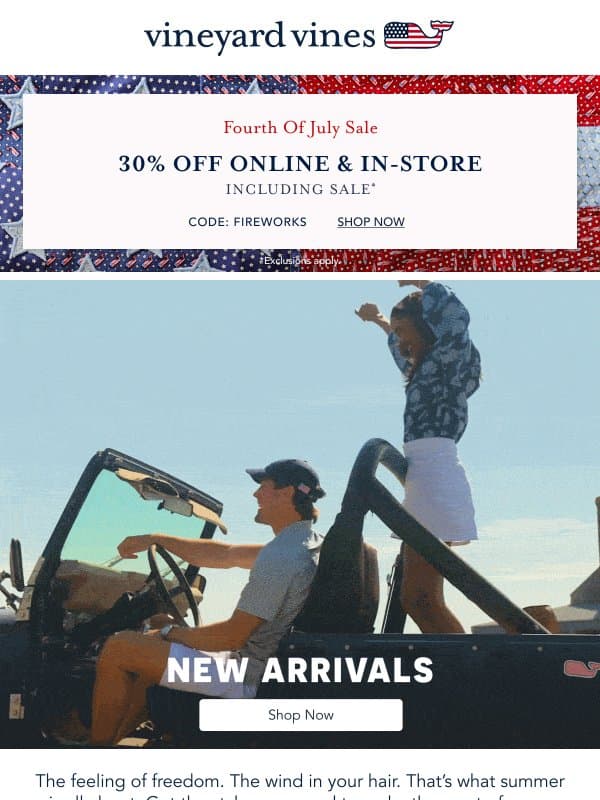 30% Off New Arrivals email from Vineyard Vines