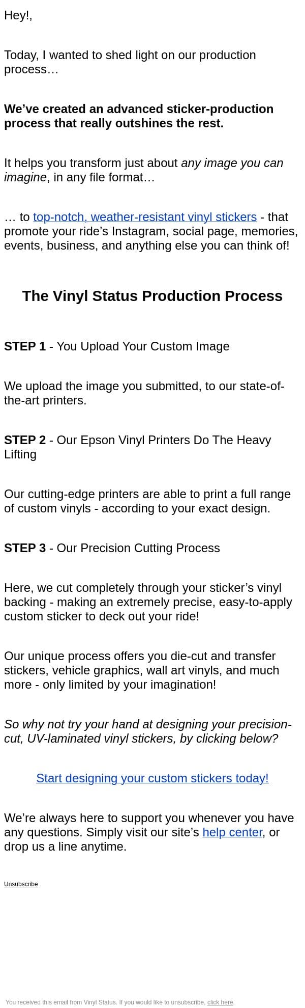 friend, here’s how we make your custom vinyl stickers: email from Vinyl Status screenshot