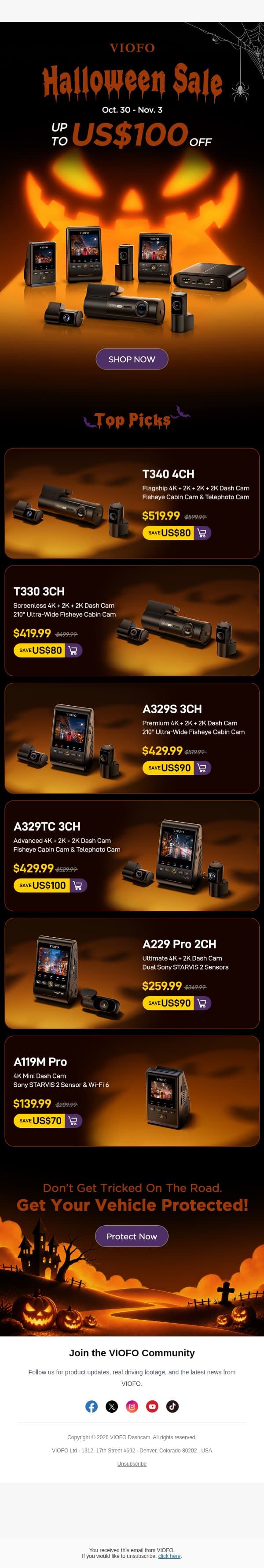 VIOFO Spooktacular Halloween Sale: Save Up to $100! email from Viofo screenshot