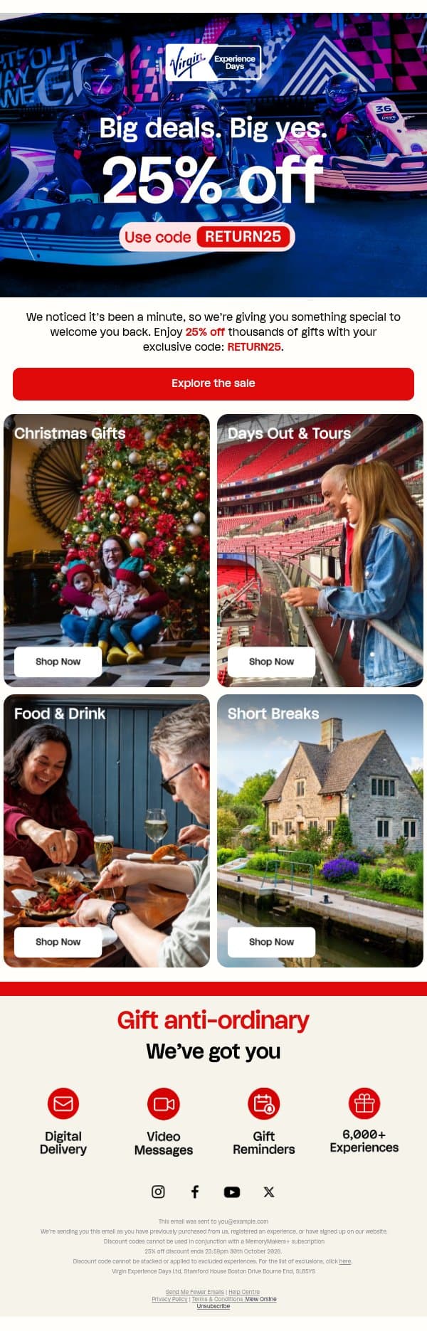 Psst... this 25% is just for you 👀 email from Virgin Experience Gifts screenshot