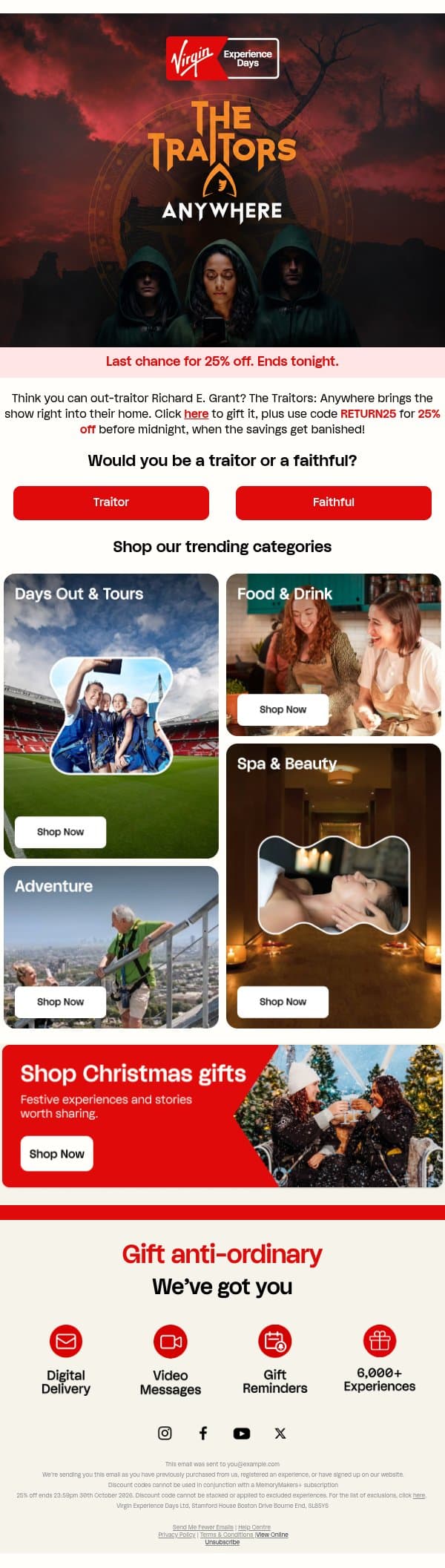 Payday. 25% off. Simple. email from Virgin Experience Gifts screenshot