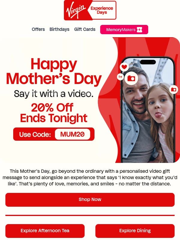 20% Off Gifts - Add a Personalised Video Message 🎬 email from Virgin Experience Gifts