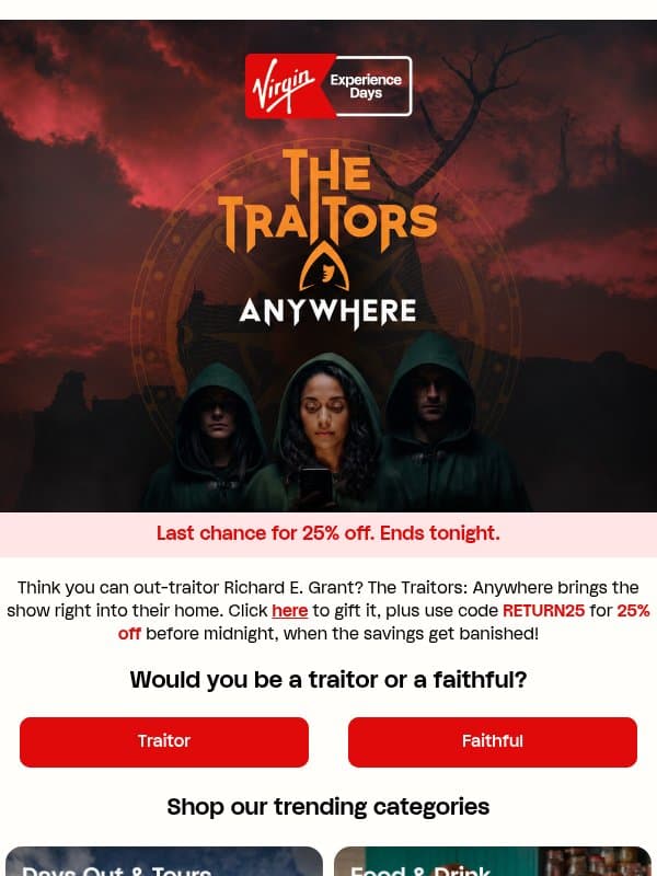 Payday. 25% off. Simple. email from Virgin Experience Gifts