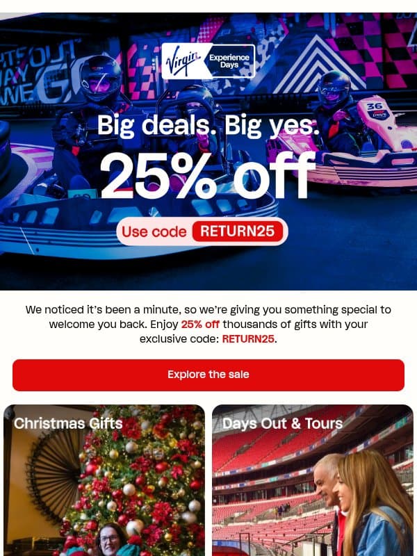 Psst... this 25% is just for you đź‘€ email from Virgin Experience Gifts