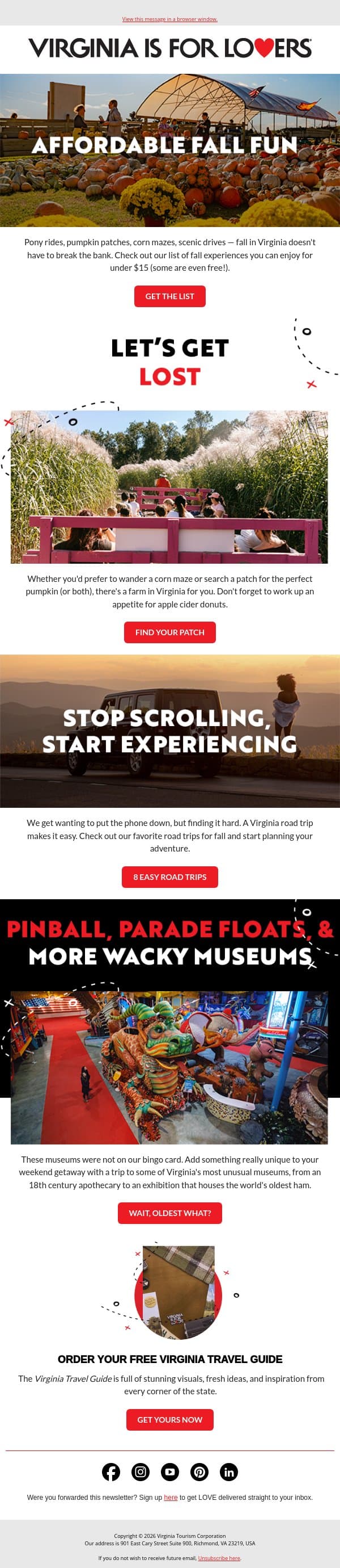 Affordable fall activities & our favorite pumpkin patches email from Virginia Tourism Corporation screenshot