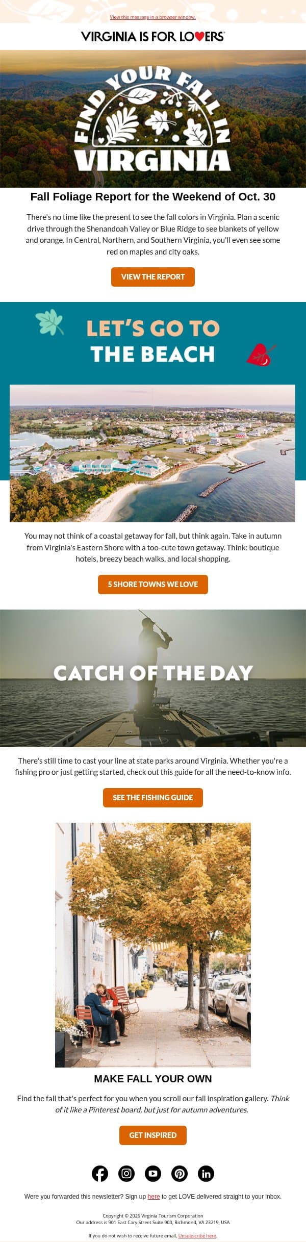 Now's the time for peak fall foliage in Virginia email from Virginia Tourism Corporation screenshot