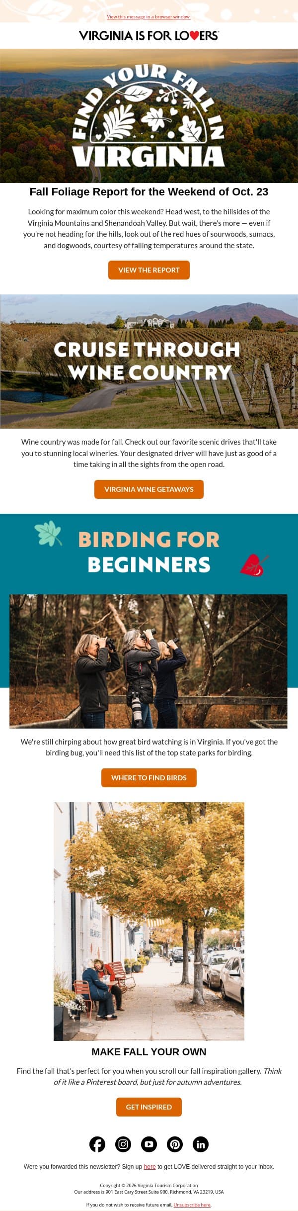 Searching for peak foliage & scenic wine country drives? email from Virginia Tourism Corporation screenshot