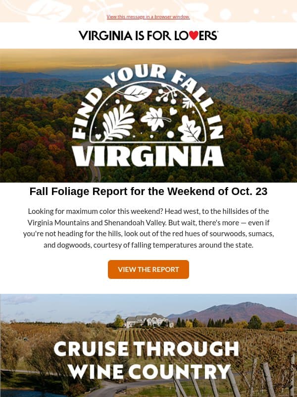 Searching for peak foliage & scenic wine country drives? email from Virginia Tourism Corporation