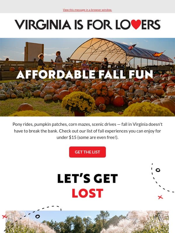 Affordable fall activities & our favorite pumpkin patches email from Virginia Tourism Corporation