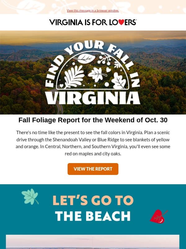 Now's the time for peak fall foliage in Virginia email from Virginia Tourism Corporation