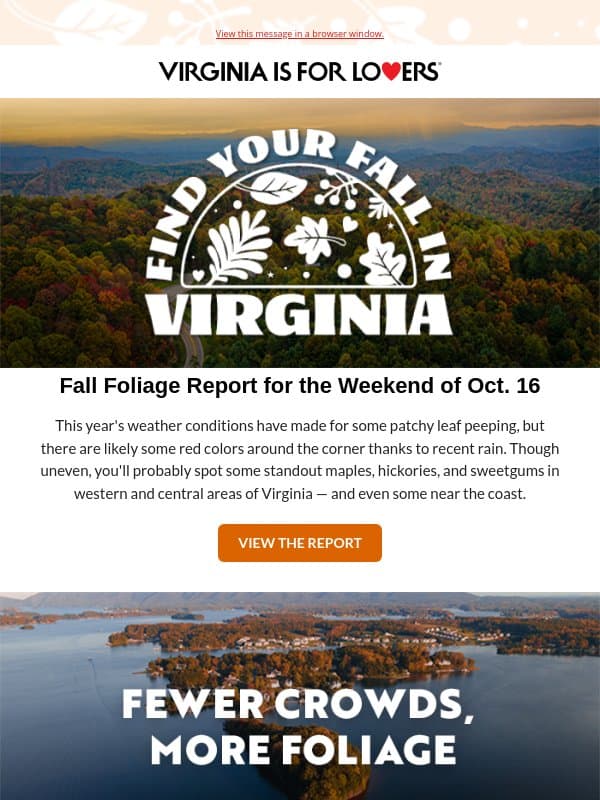 Your Weekly Fall Foliage Update is Here email from Virginia Tourism Corporation