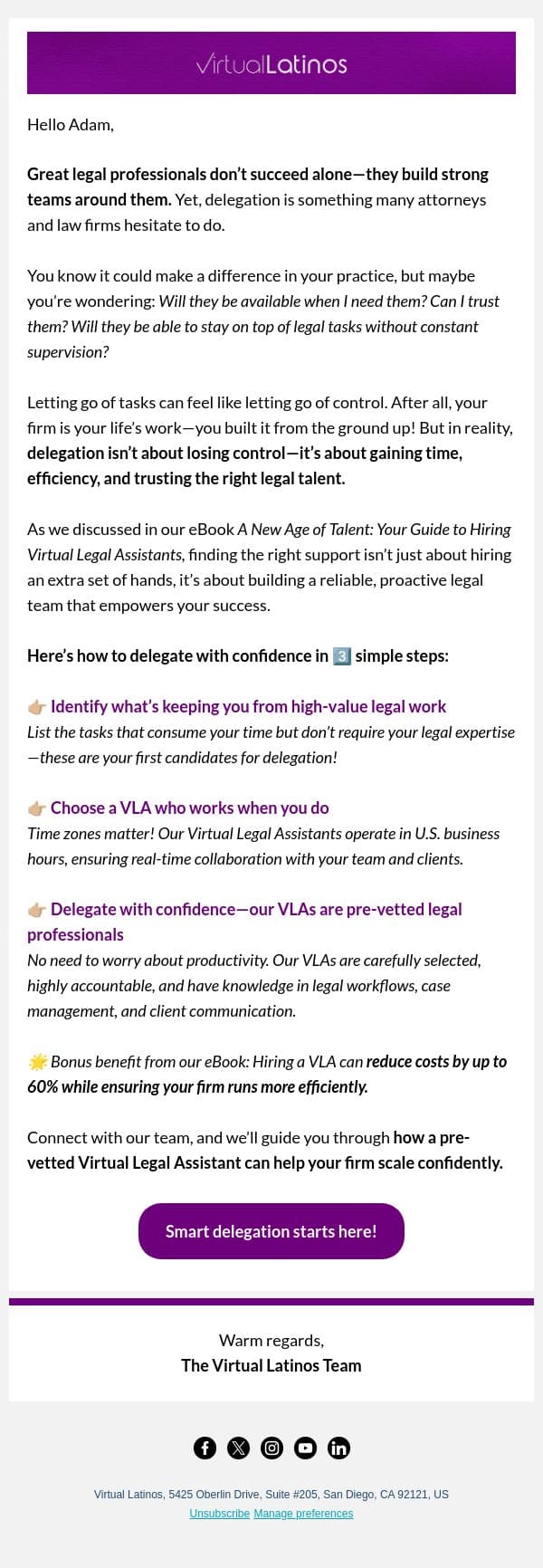 Learn how to delegate with confidence in 3️⃣ simple steps! email from Virtual Latinos screenshot