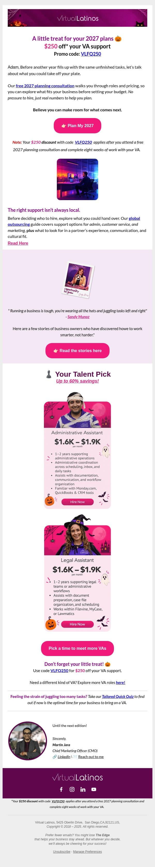 A little Q4 treat for your 2027 plans 🎃 email from Virtual Latinos screenshot