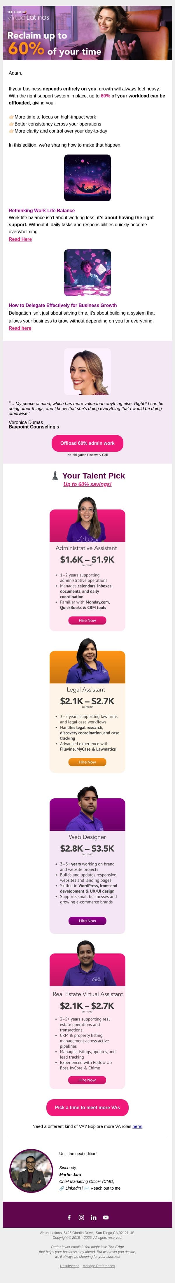 What Would You Do With 60% More Time? email from Virtual Latinos screenshot