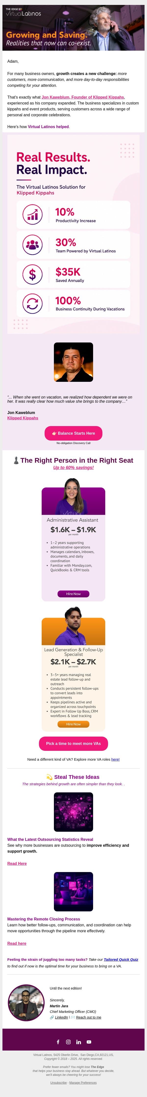 30% of the Team. 100% Business Continuity. email from Virtual Latinos screenshot