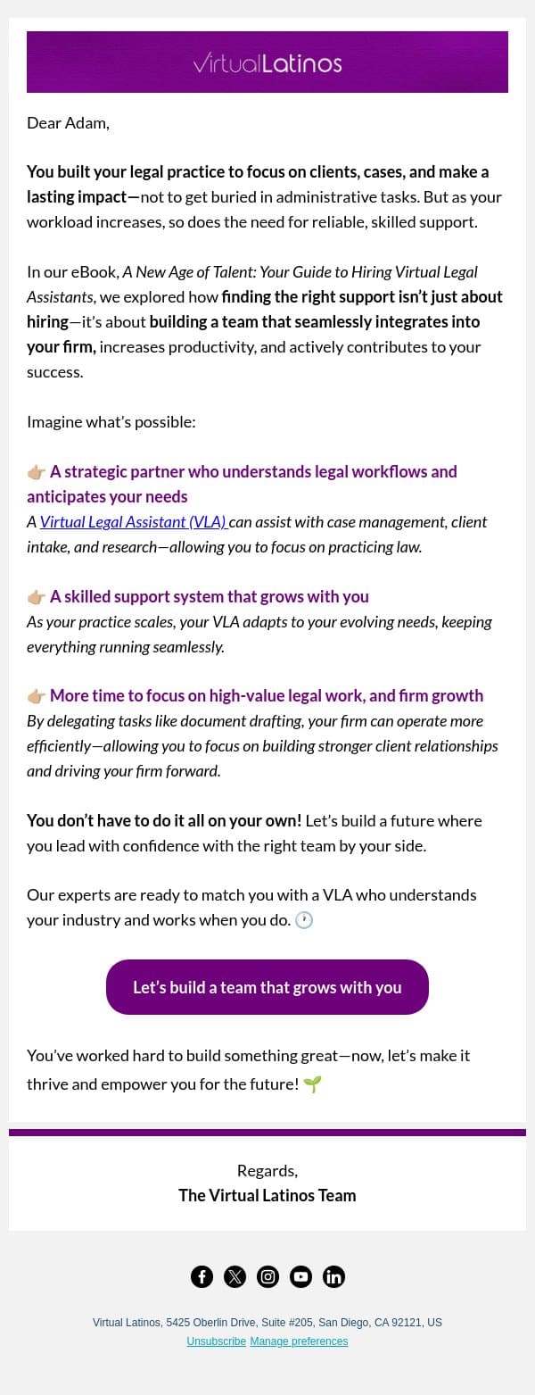 Time to build a team that moves your business forward ➡️ 💪🏻 email from Virtual Latinos screenshot