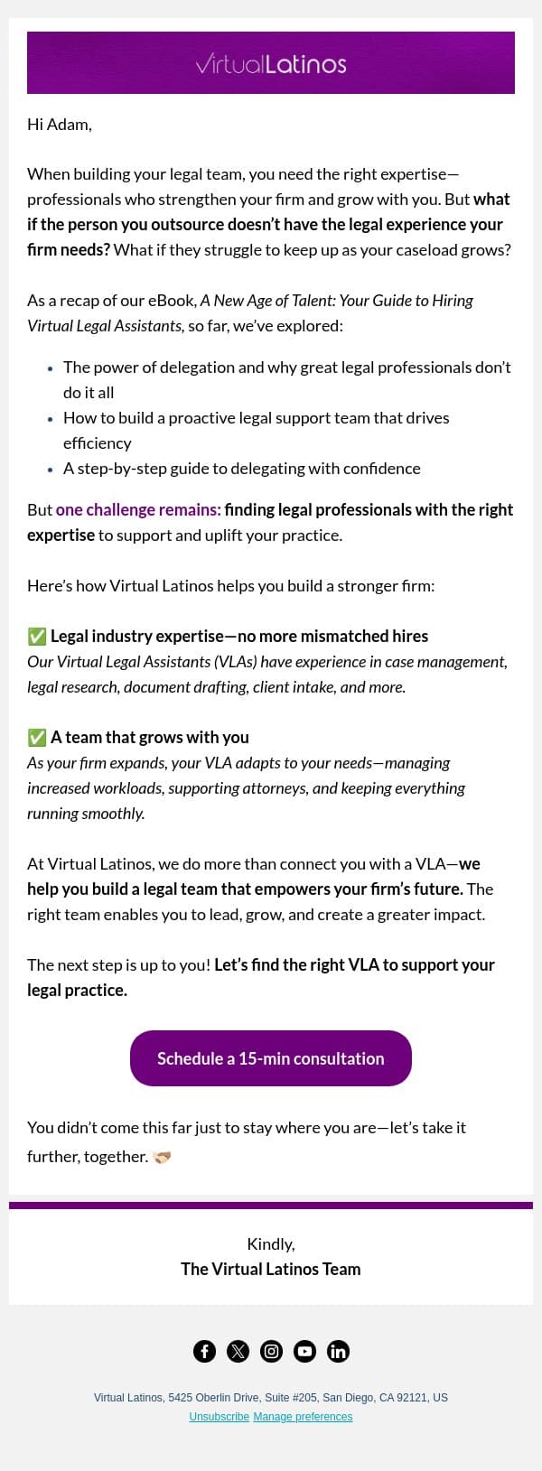 Not all Virtual Assistants have legal knowledge—ours do! email from Virtual Latinos screenshot
