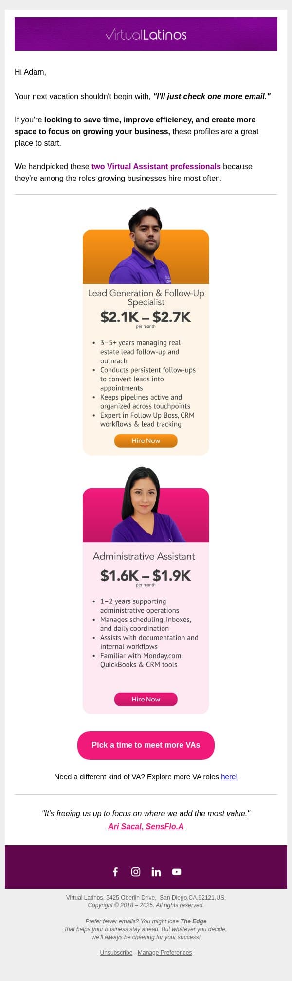 Your Weekly Talent Picks Are Here email from Virtual Latinos screenshot
