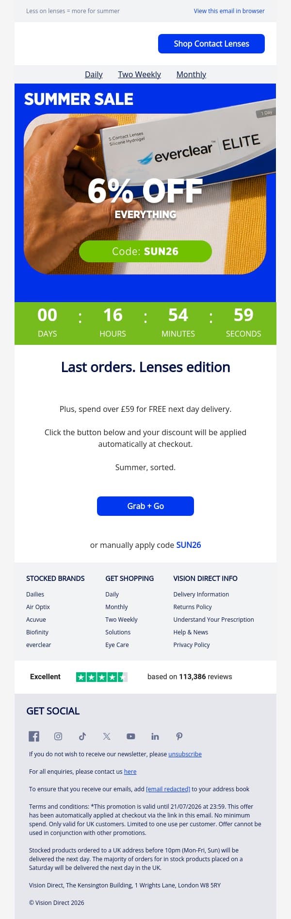 ⚠️Ends midnight: 6% off contact lenses email from Vision Direct screenshot