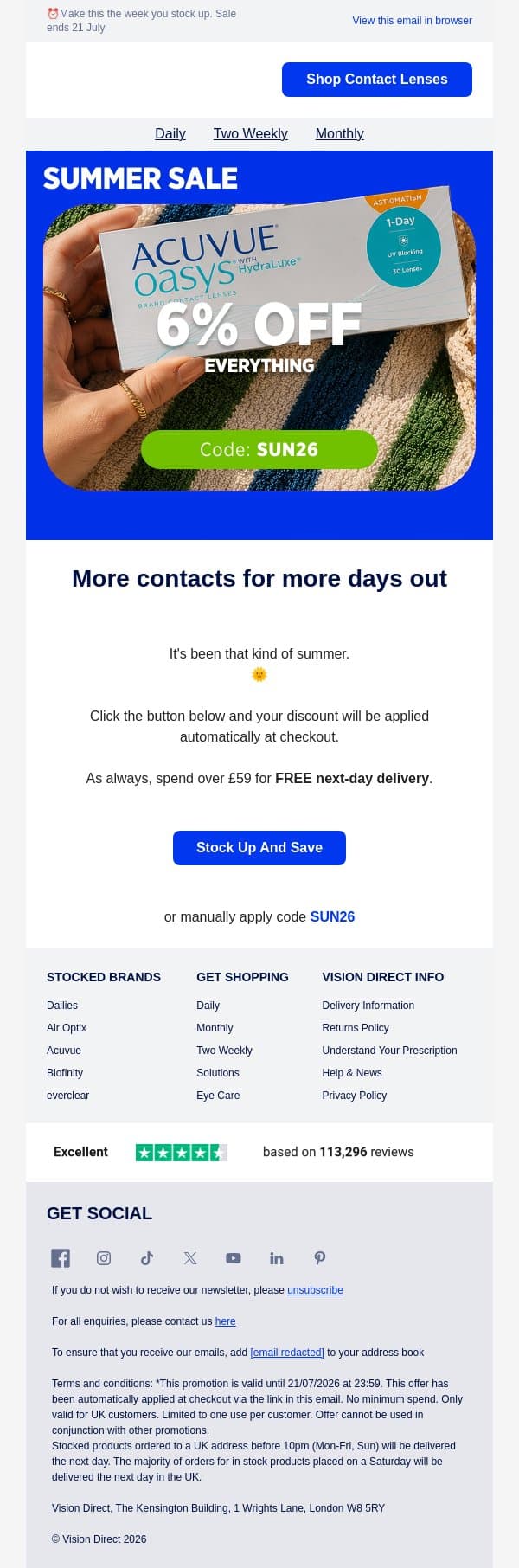 More summer plans. More contacts 😎 email from Vision Direct screenshot