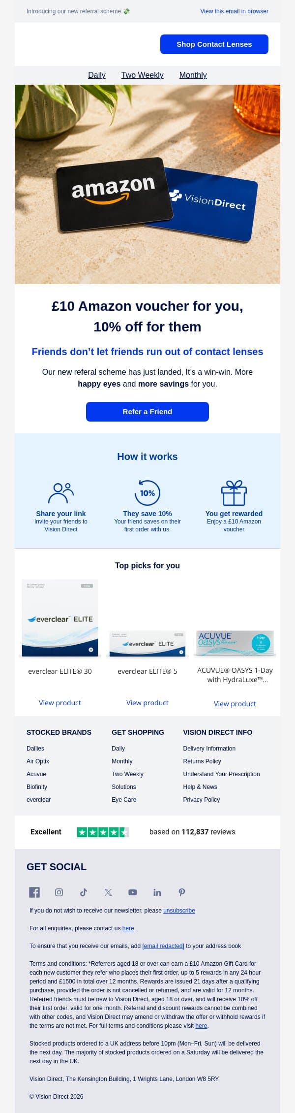 Share the love: £10 for you, 10% off for them email from Vision Direct screenshot