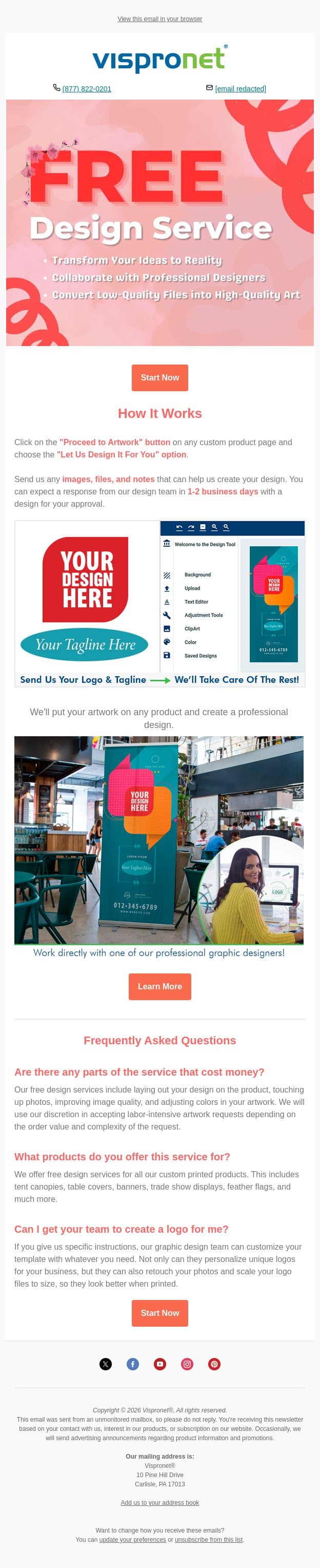 No Artwork? No Problem! Use Our Free Design Services email from Vispronet screenshot