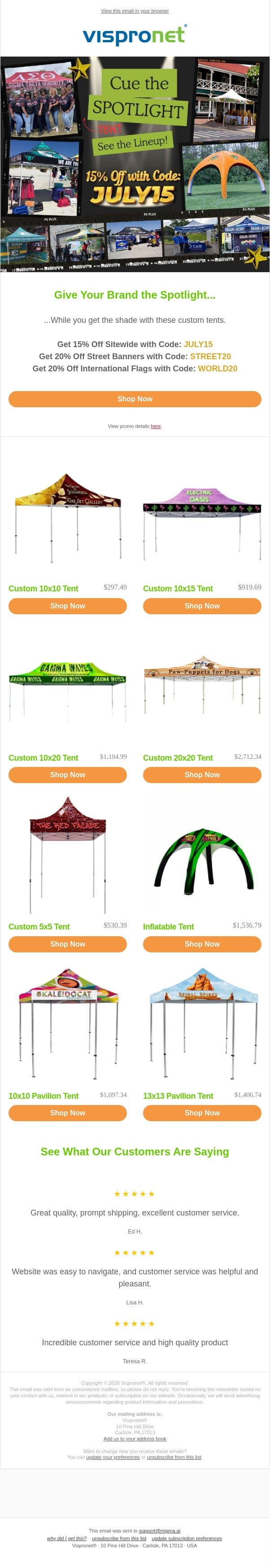We've Got You Covered with Custom Tents 🎪 email from Vispronet screenshot