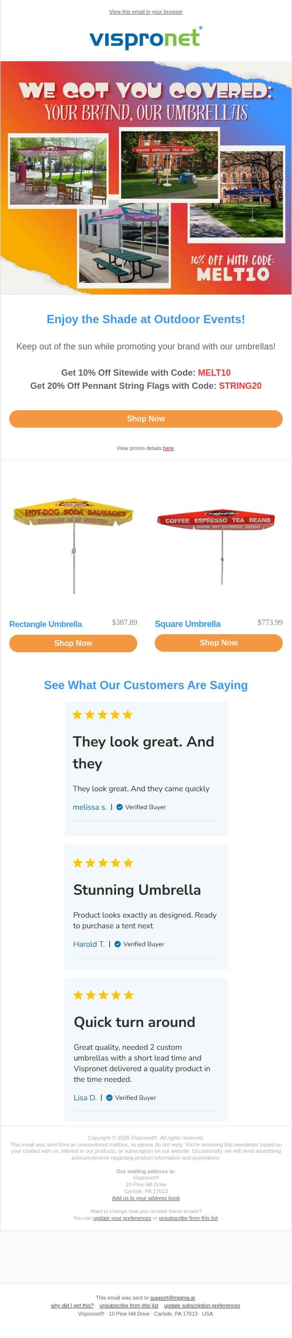 Keep Cool with Custom Umbrellas ⛱️ email from Vispronet screenshot