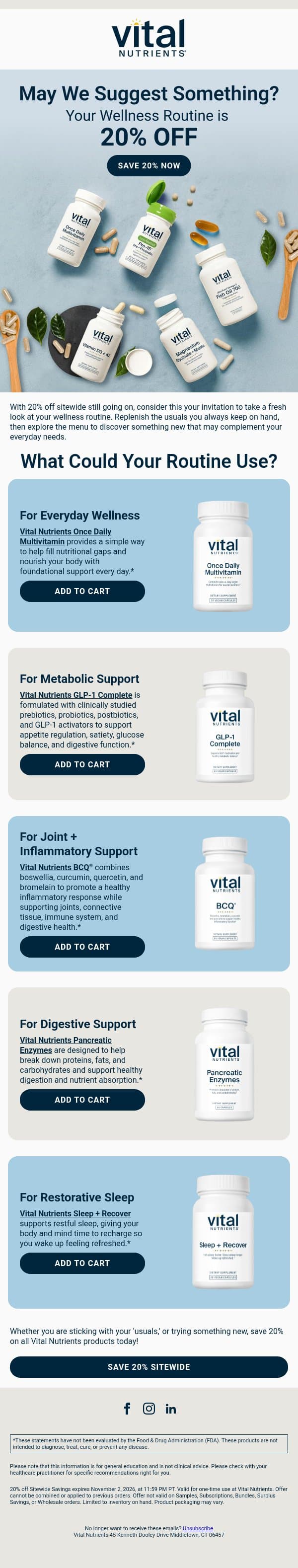 Explore 5 ways to support your routine & save 20% email from Vital Nutrients screenshot