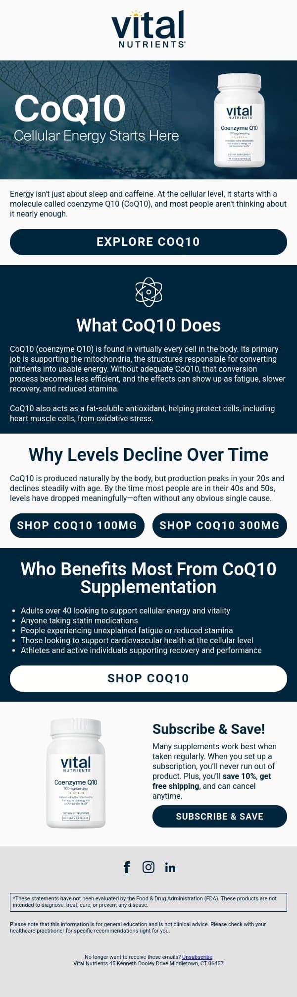 CoQ10: Why it matters more as you age email from Vital Nutrients screenshot