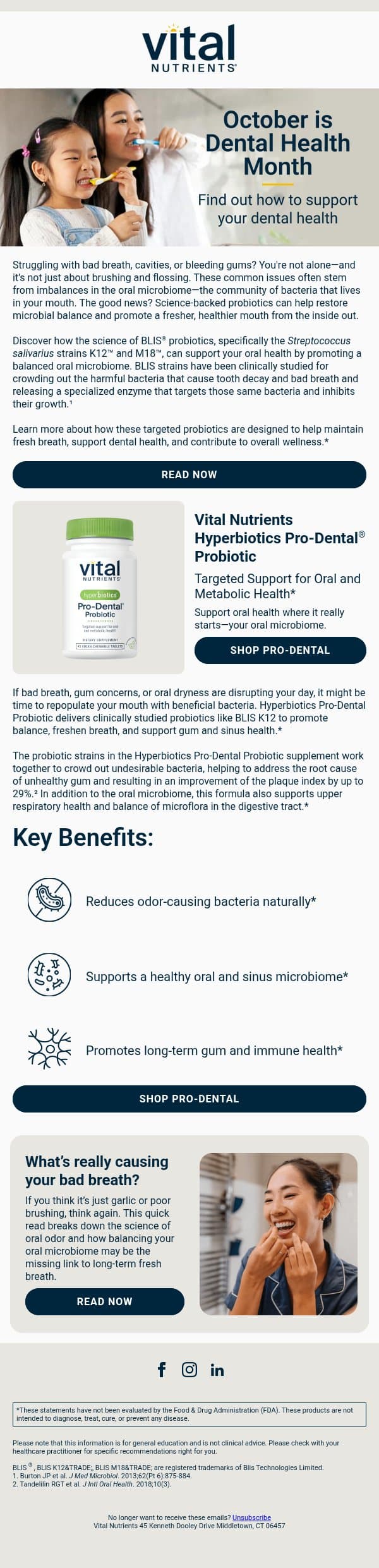 Fresh breath starts with your microbiome email from Vital Nutrients screenshot