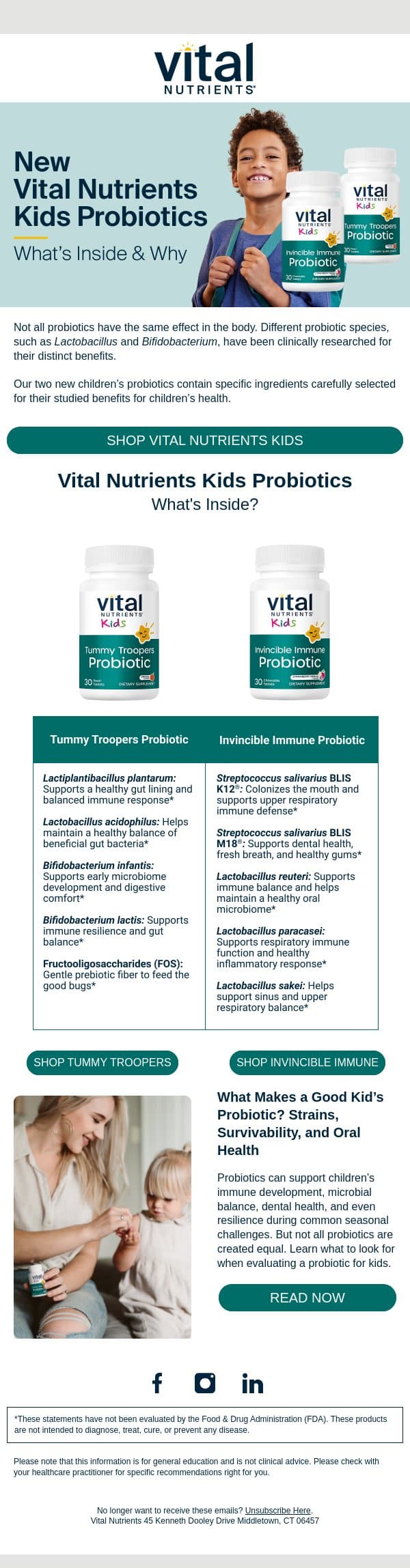 New kids’ probiotics: What’s in them & why email from Vital Nutrients screenshot