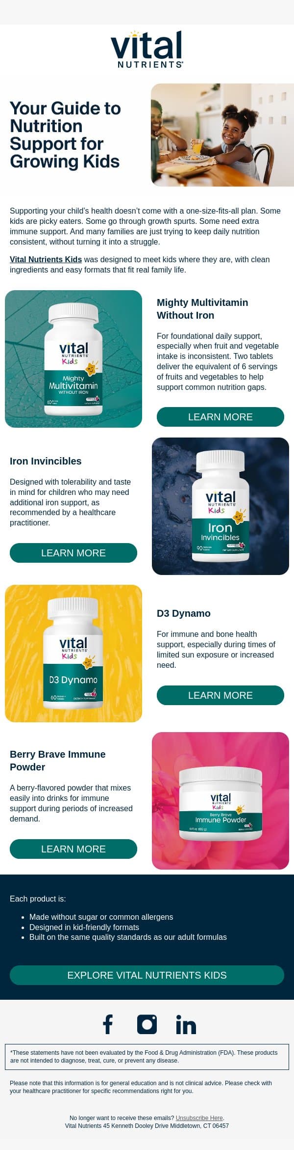 A simple guide to the Vital Nutrients Kids line email from Vital Nutrients screenshot