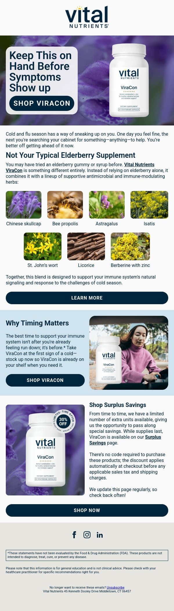 Stock your shelf for cold and flu season email from Vital Nutrients screenshot