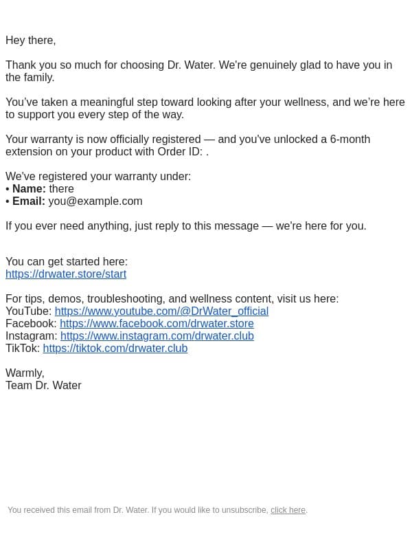 Your Dr. Water warranty is successfully registered (and extended!) email from Vitalbloom Inc screenshot