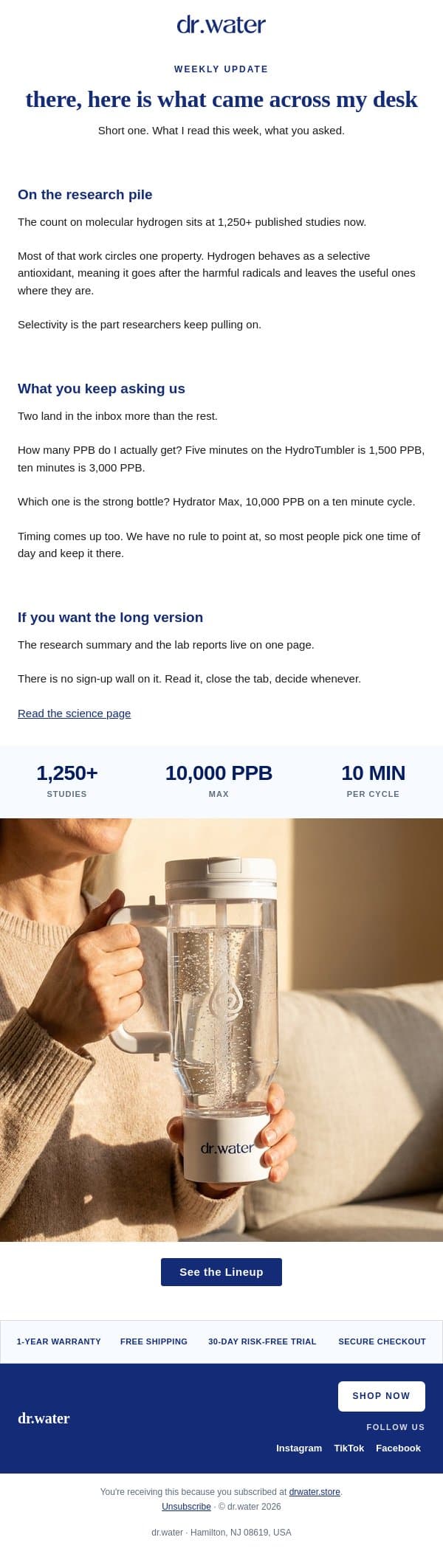 Hey, Last week’s update of Hydrogen water email from Vitalbloom Inc screenshot