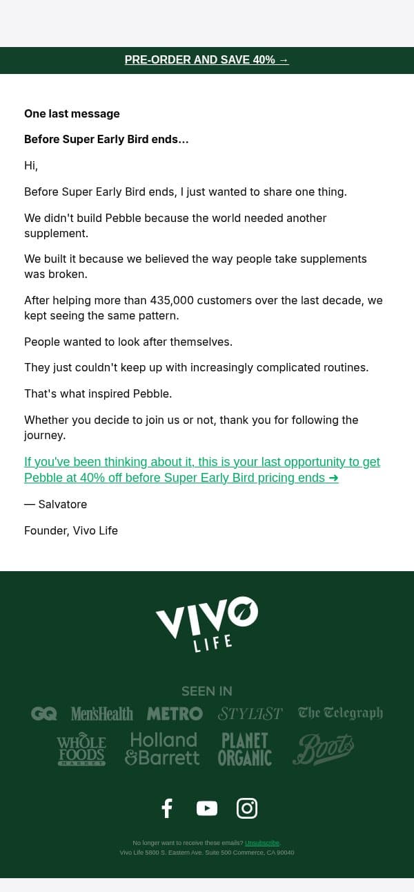 One last message before this ends email from Vivo Life screenshot