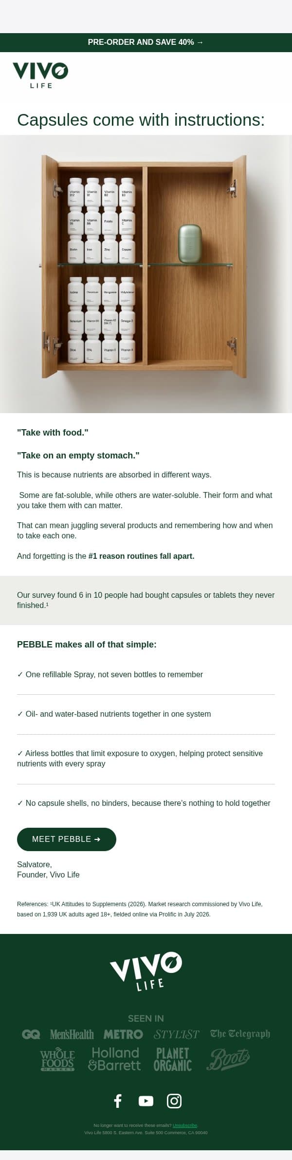 Why capsules come with instructions email from Vivo Life screenshot