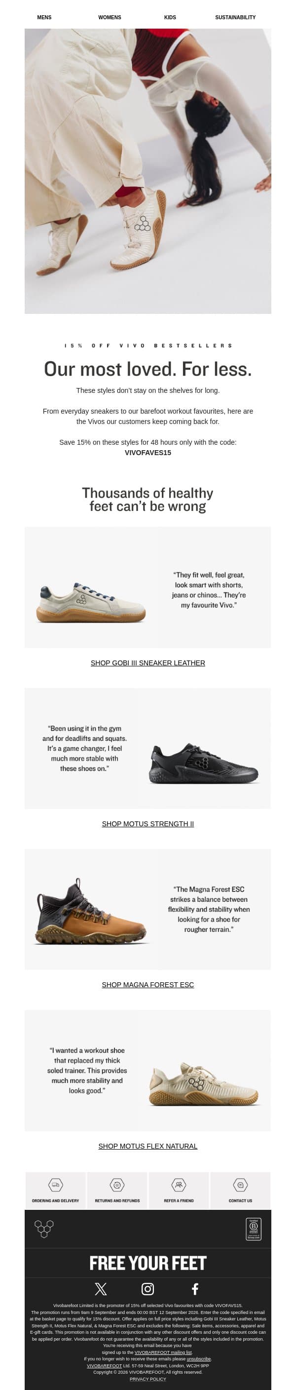 Top rated. Now 15% off. email from Vivobarefoot screenshot