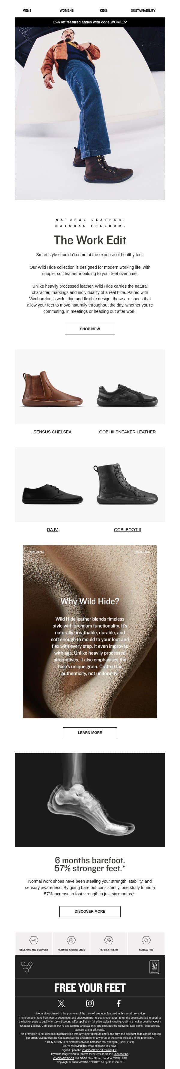 Work shoes that don’t sacrifice your feet – 15% off featured styles email from Vivobarefoot screenshot