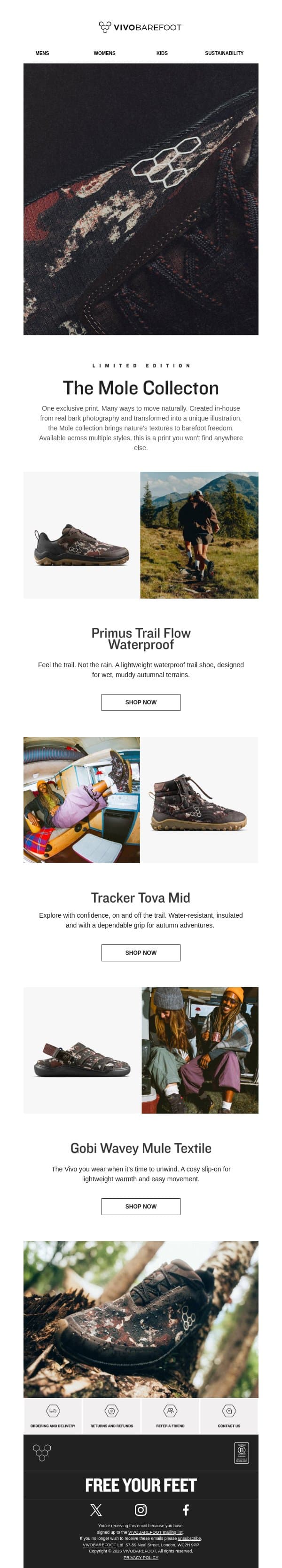 Our limited edition Mole print email from Vivobarefoot screenshot