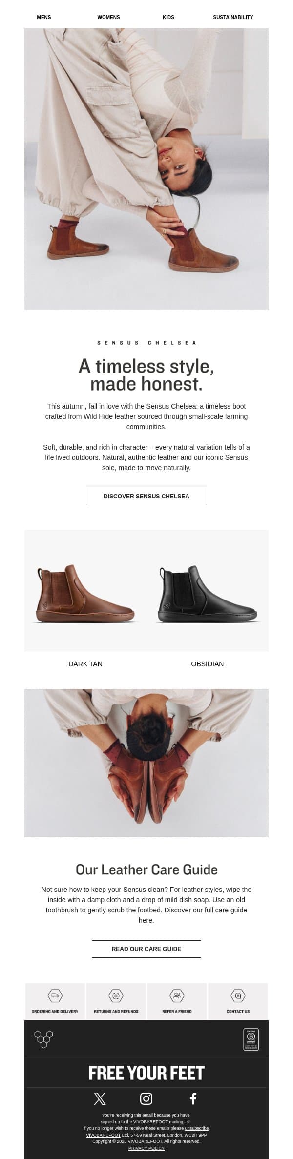 A timeless style, made honest. email from Vivobarefoot screenshot