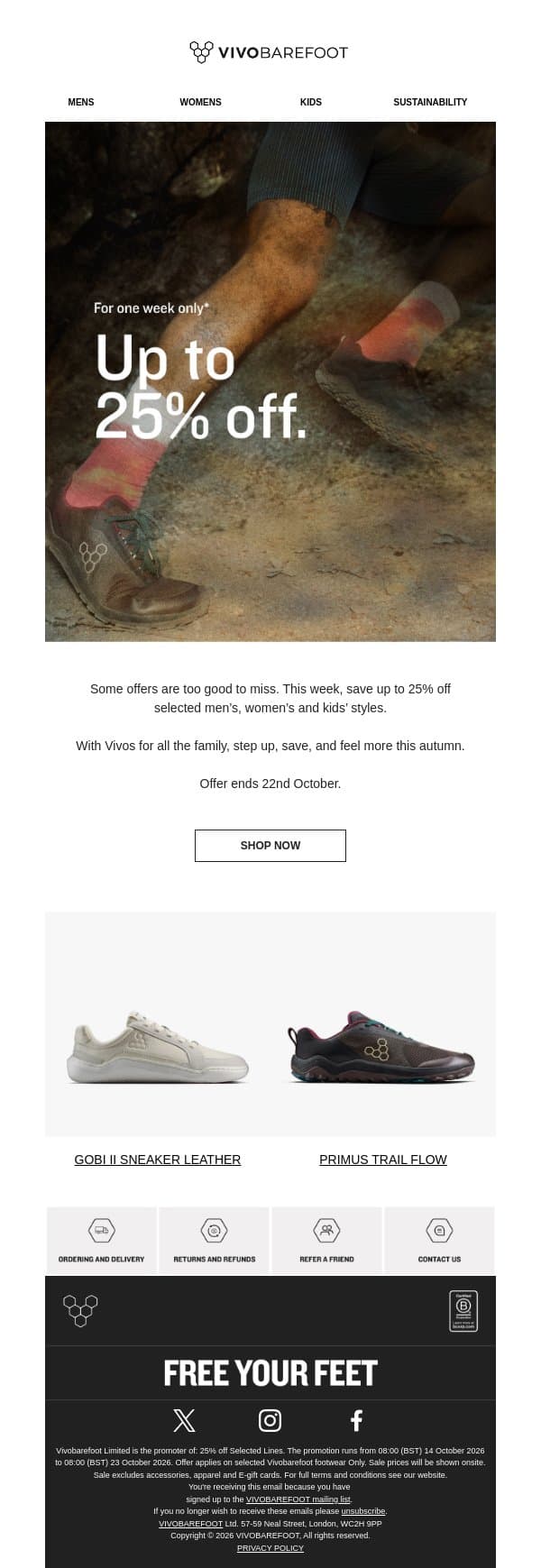 25% off selected styles email from Vivobarefoot screenshot