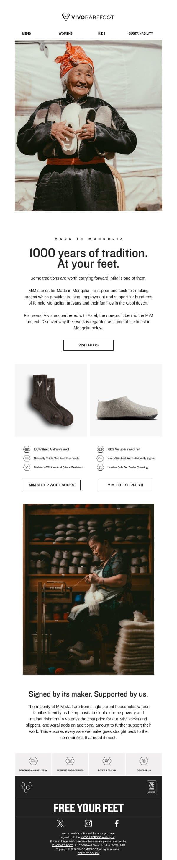 1000 years of tradition. At your feet. email from Vivobarefoot screenshot