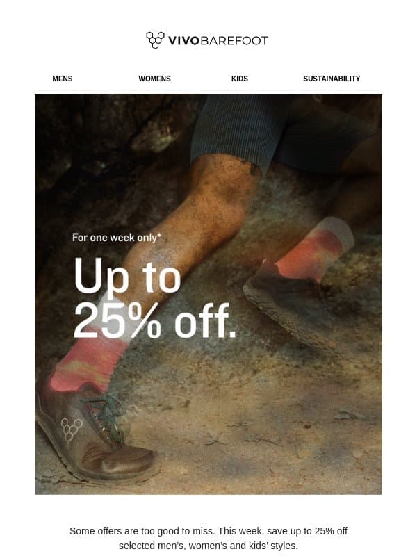 25% off selected styles email from Vivobarefoot