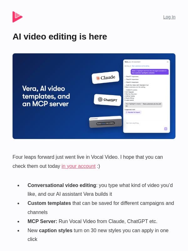 Meet Vera: Your AI Editor in Vocal Video email from VocalVideo