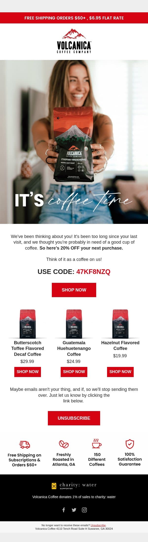 We miss you - here’s 20% OFF email from Volcanica Coffee screenshot