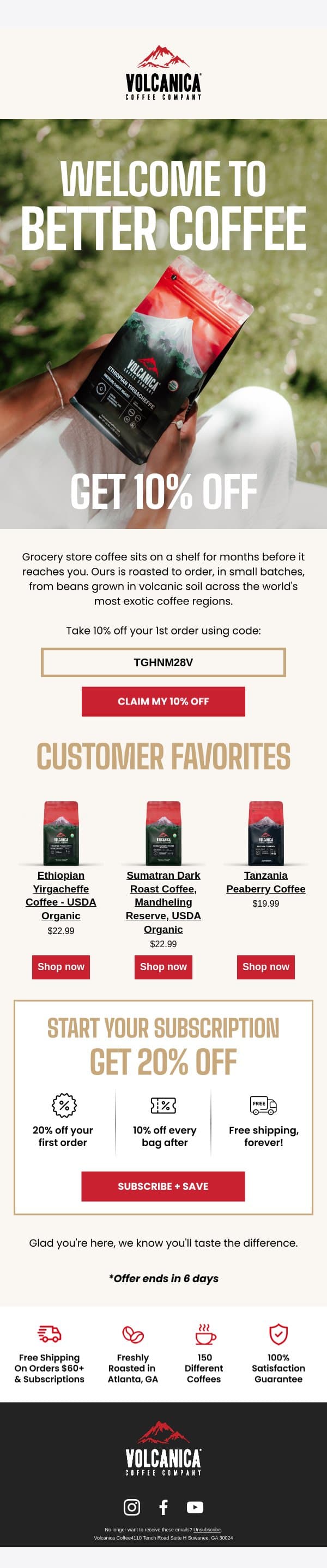 Let's get you a great cup of coffee! email from Volcanica Coffee screenshot