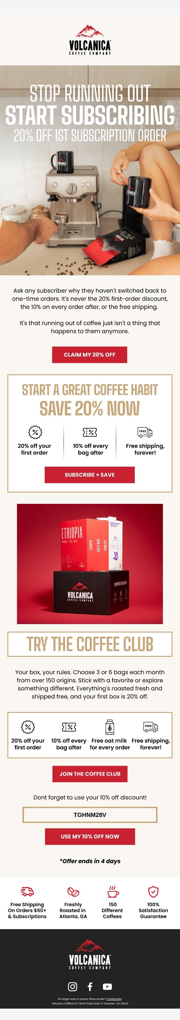 20% off now, 10% off every order after email from Volcanica Coffee screenshot
