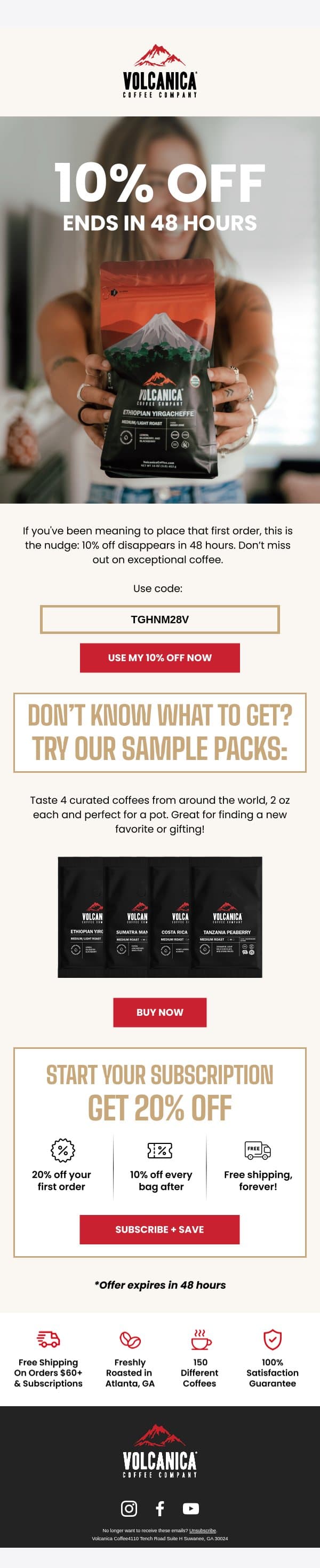 Your 10% off expires in 48 hours email from Volcanica Coffee screenshot